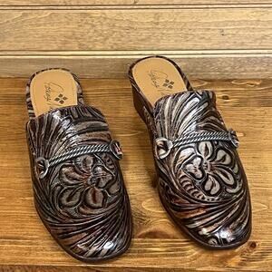 Patricia Nash Tilly Women’s Block Heel Mules Tooled Multi Brown Size 8.5M